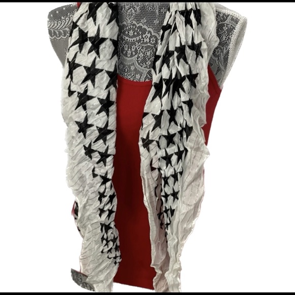 Women’s scarf. Black, white, silver thread stripes - Picture 1 of 8